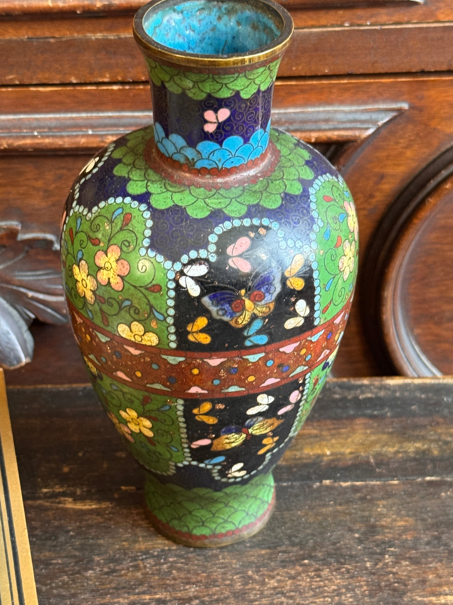 Antique Japanese Meiji Cloisonne Enamel Vase Goldstone Ground Butterflies 8"