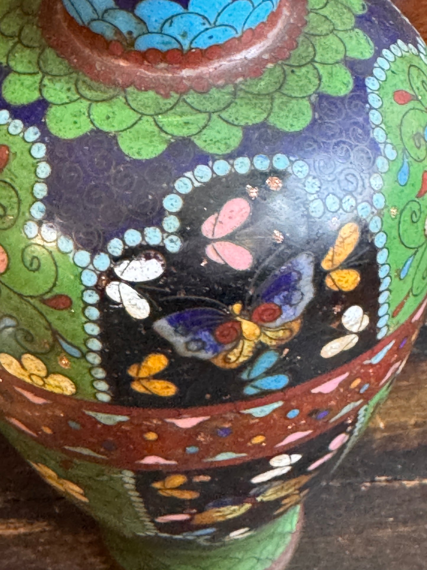 Antique Japanese Meiji Cloisonne Enamel Vase Goldstone Ground Butterflies 8"