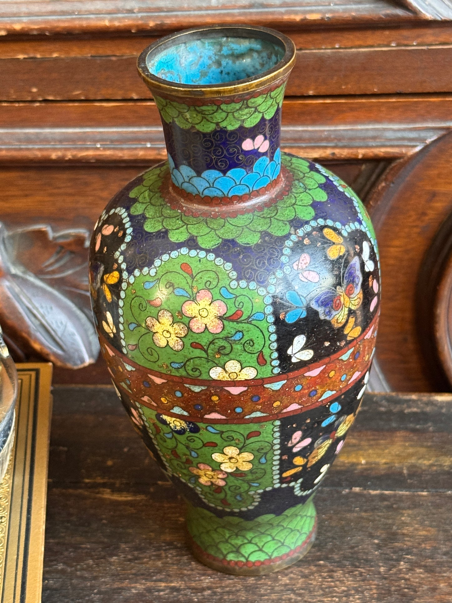 Antique Japanese Meiji Cloisonne Enamel Vase Goldstone Ground Butterflies 8"