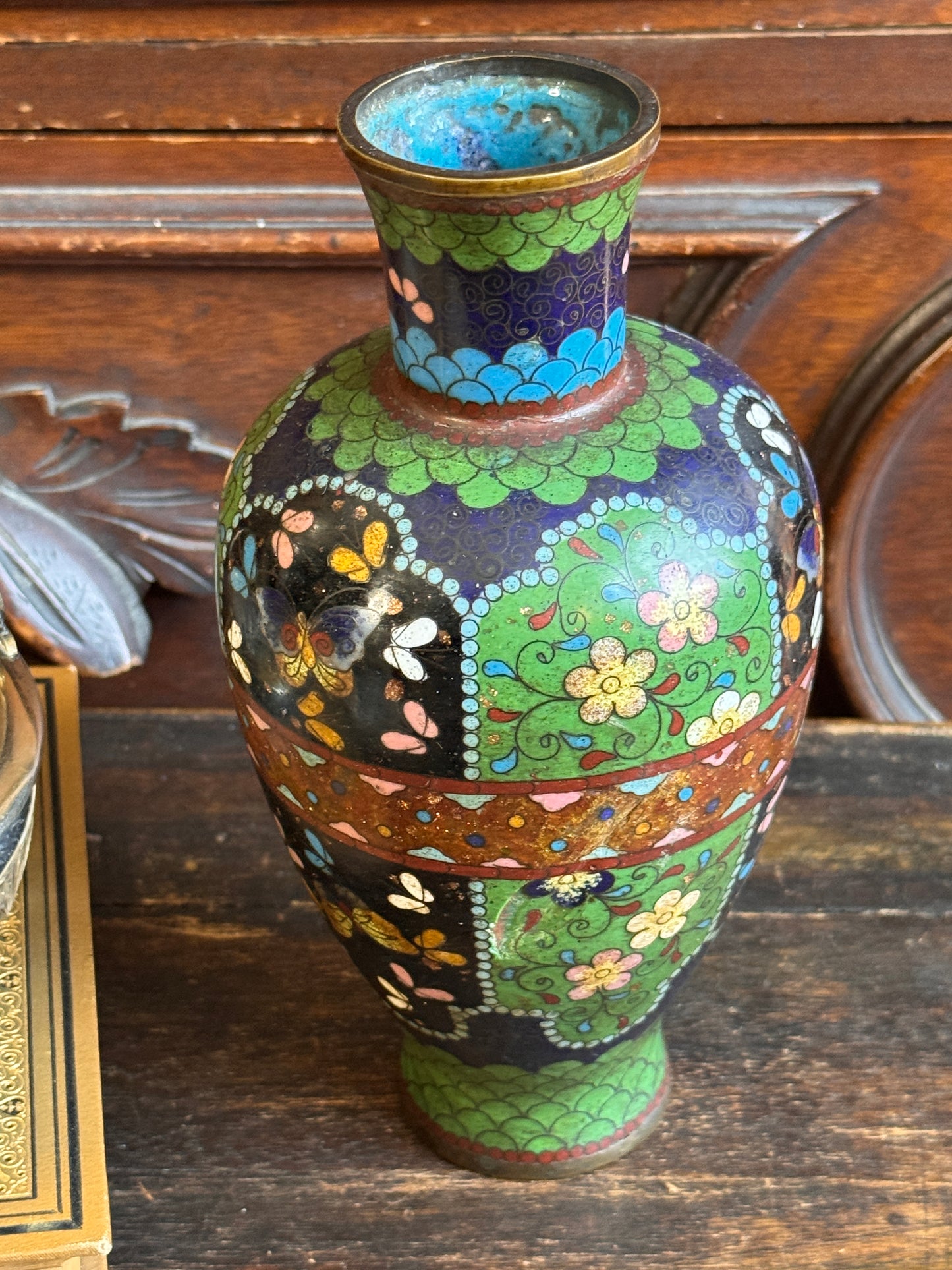 Antique Japanese Meiji Cloisonne Enamel Vase Goldstone Ground Butterflies 8"