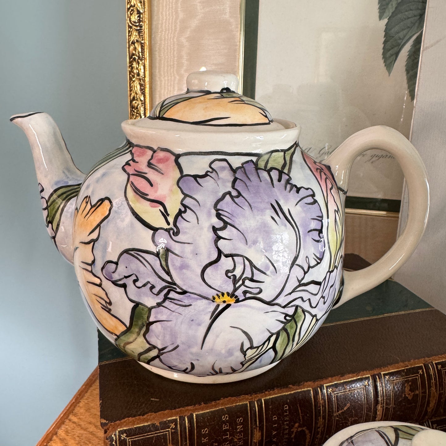 Handpainted Contemporary Bearded Iris Floral Teapot and Covered Sugar Artist Signed