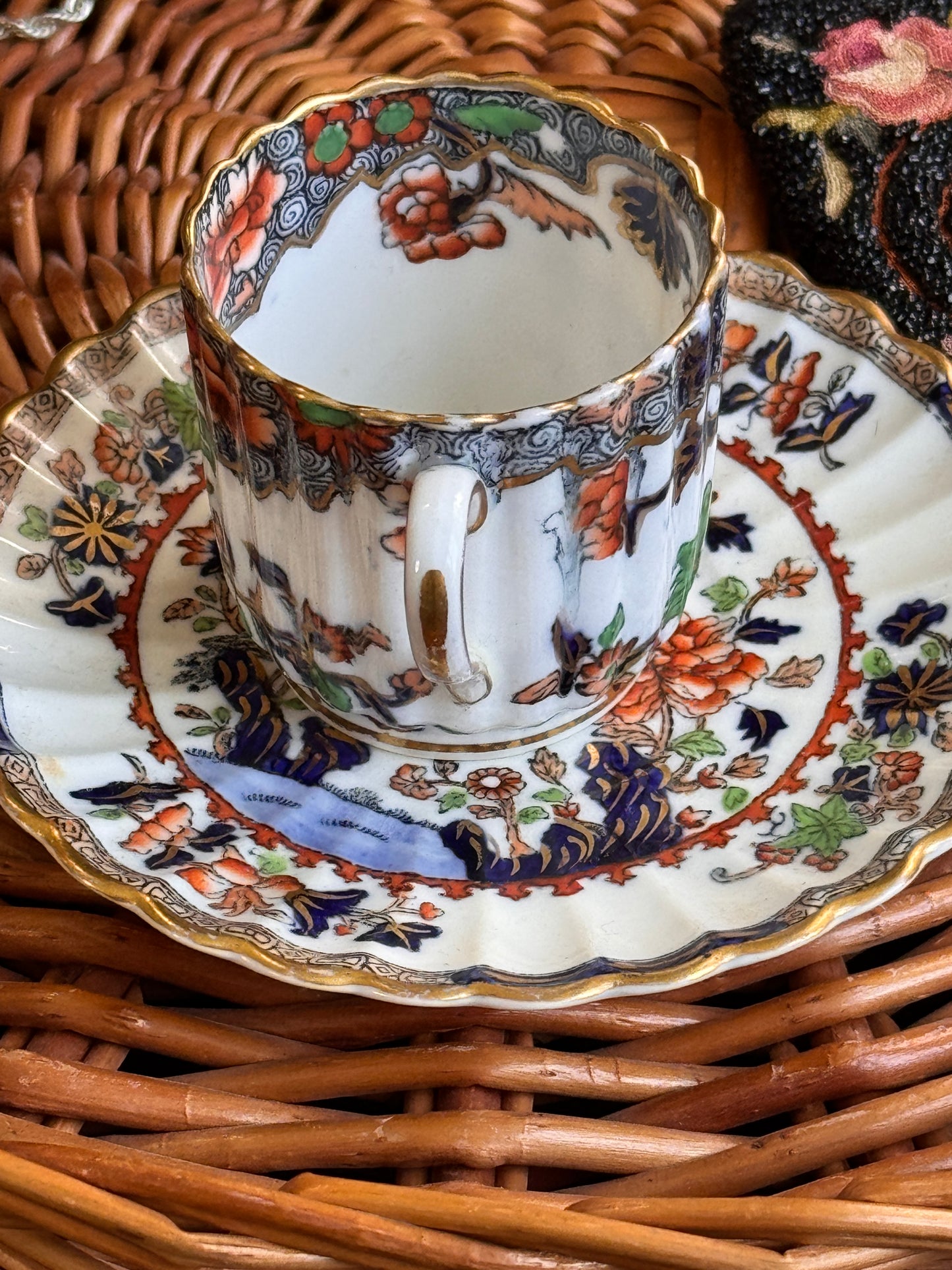 Spode Copeland Peacocks Demitasse Ruffled Edge Cup and Saucer
