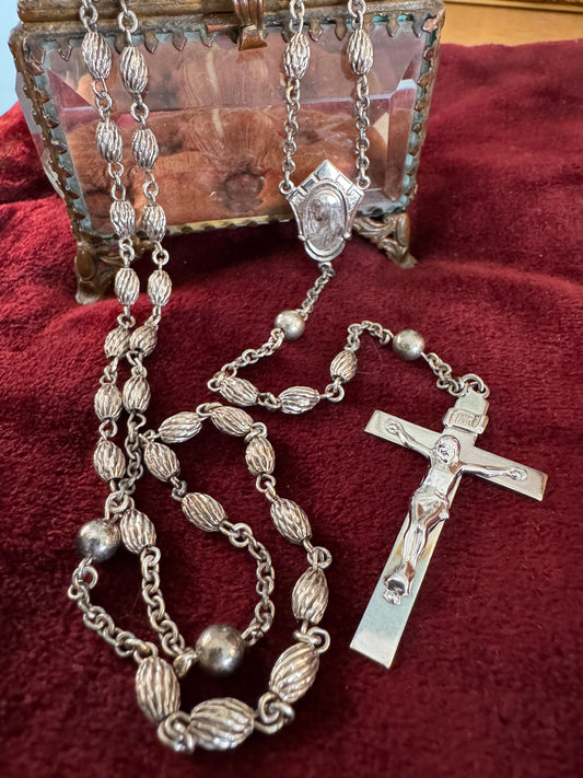 Vintage Sterling Silver Shield Shaped Mary Rosary Oval Grooved Sterling Beads