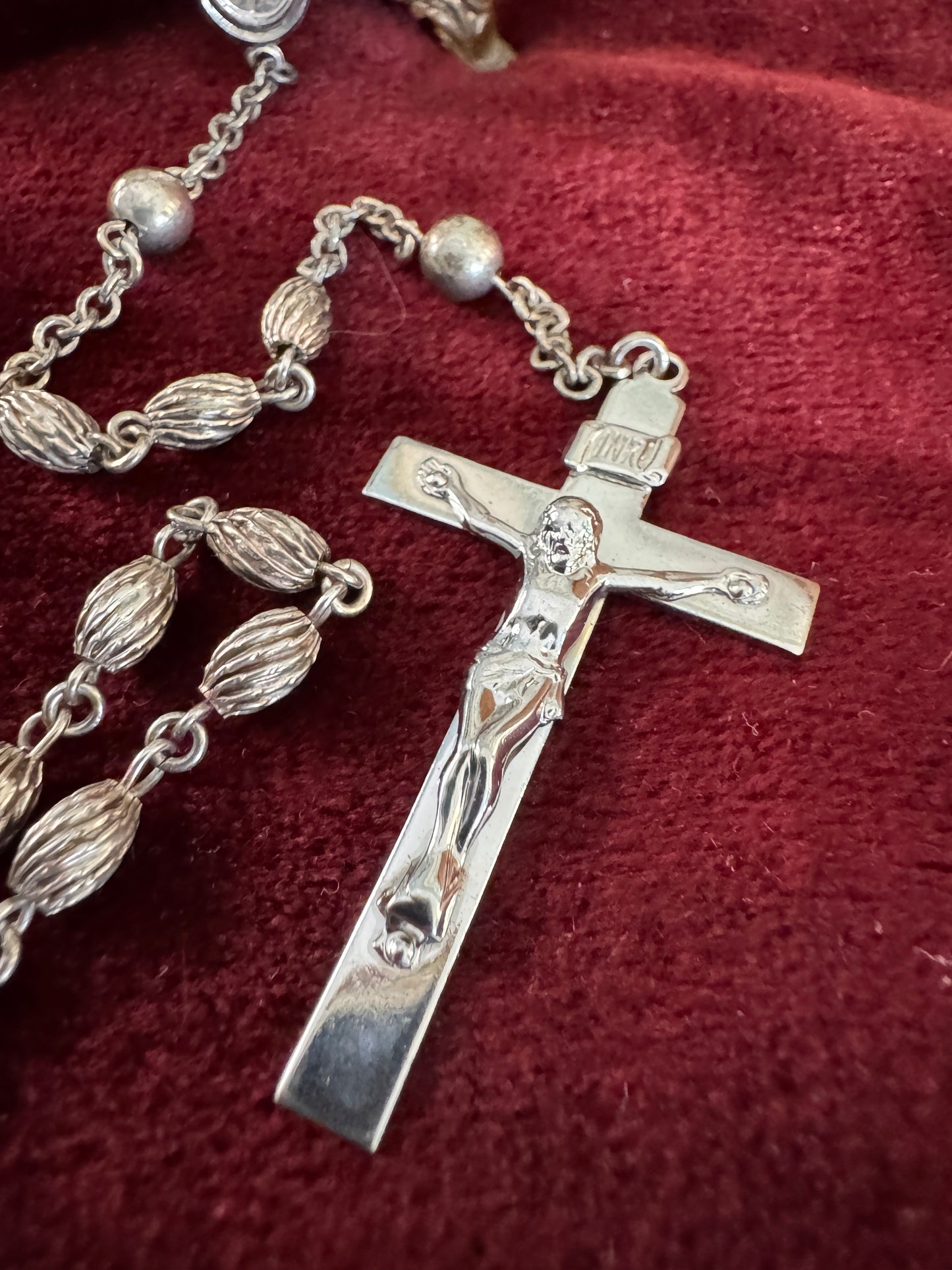 Vintage Sterling Silver Shield Shaped Mary Rosary Oval Grooved Sterling Beads