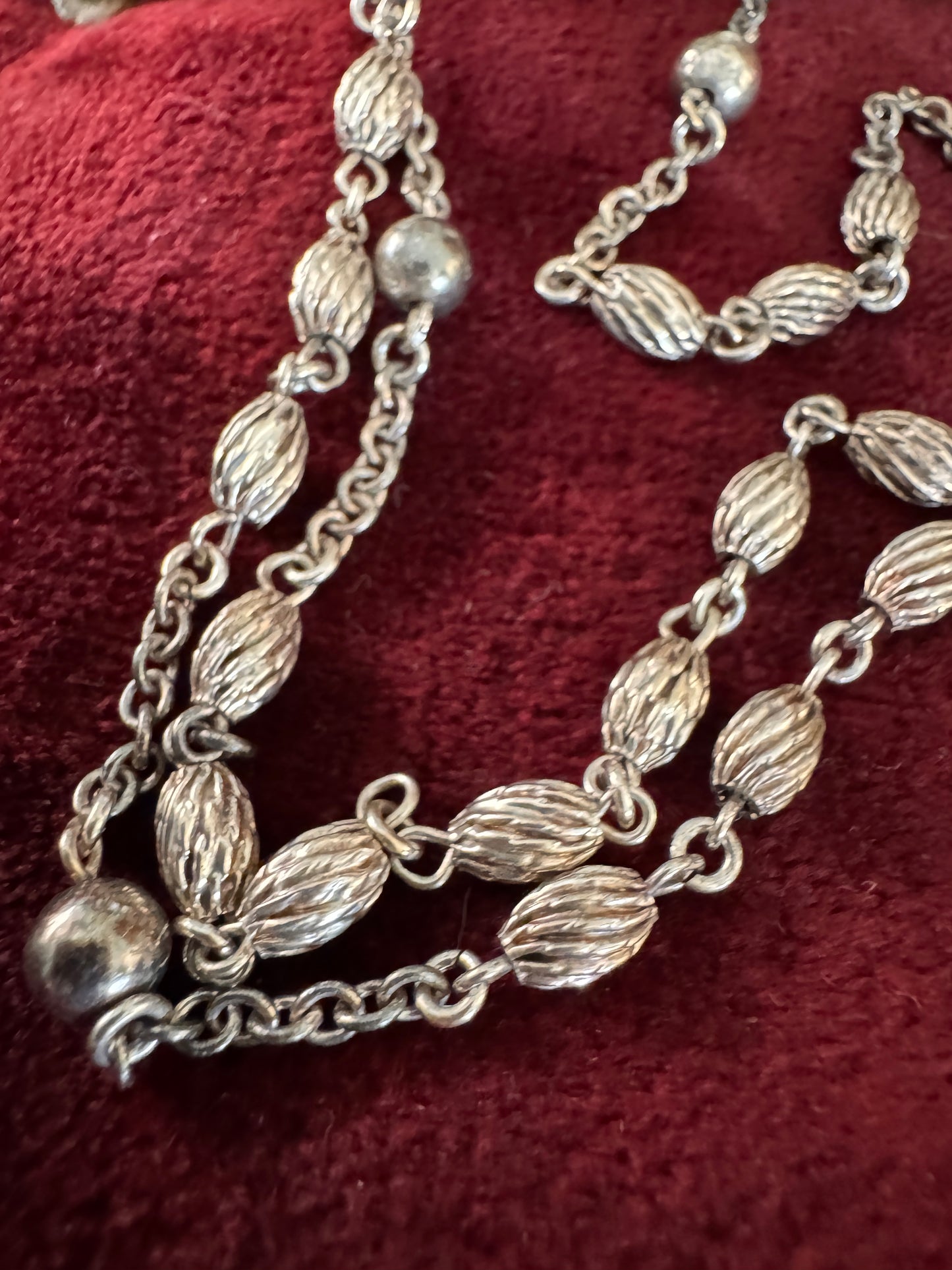 Vintage Sterling Silver Shield Shaped Mary Rosary Oval Grooved Sterling Beads