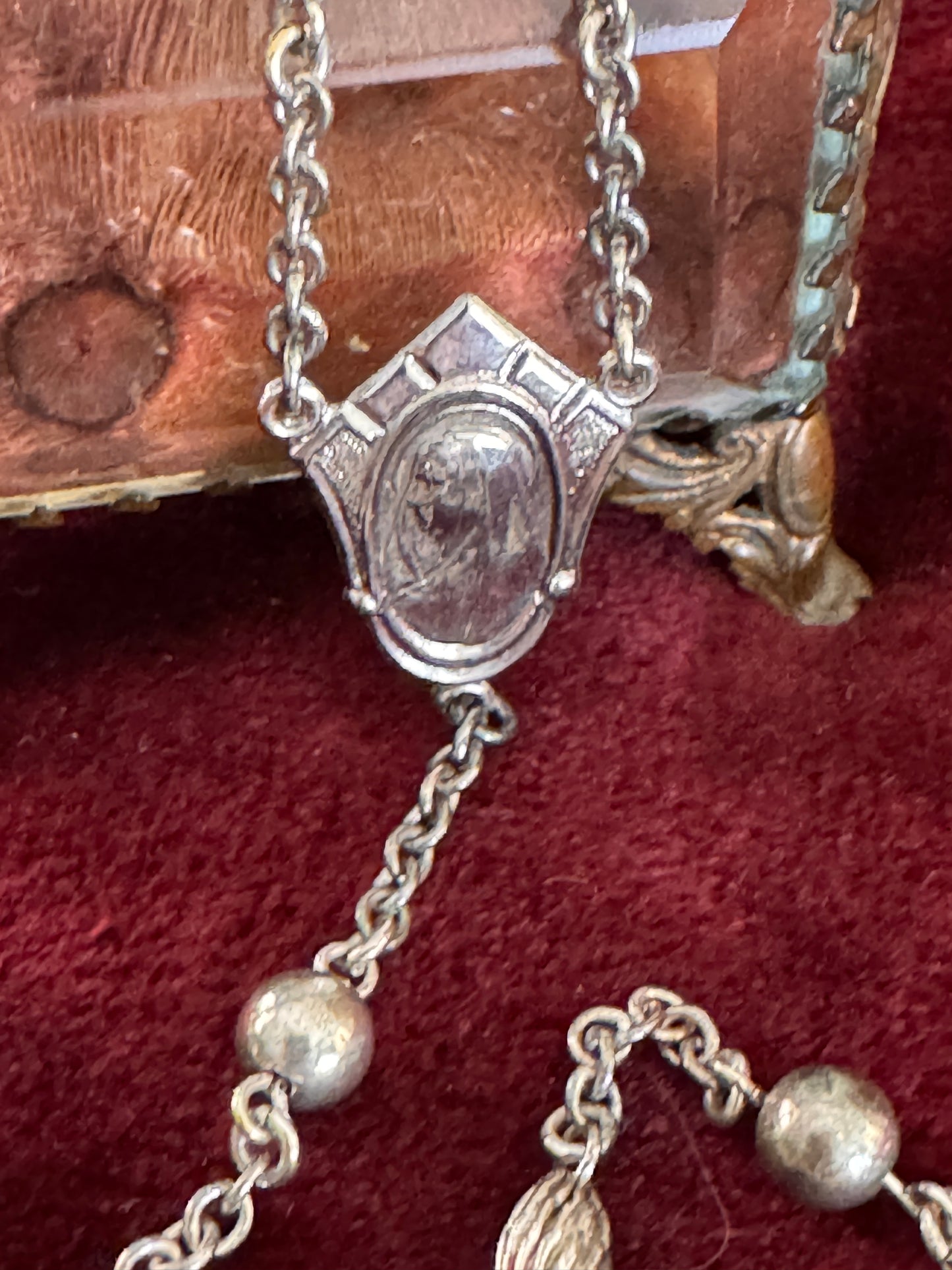 Vintage Sterling Silver Shield Shaped Mary Rosary Oval Grooved Sterling Beads