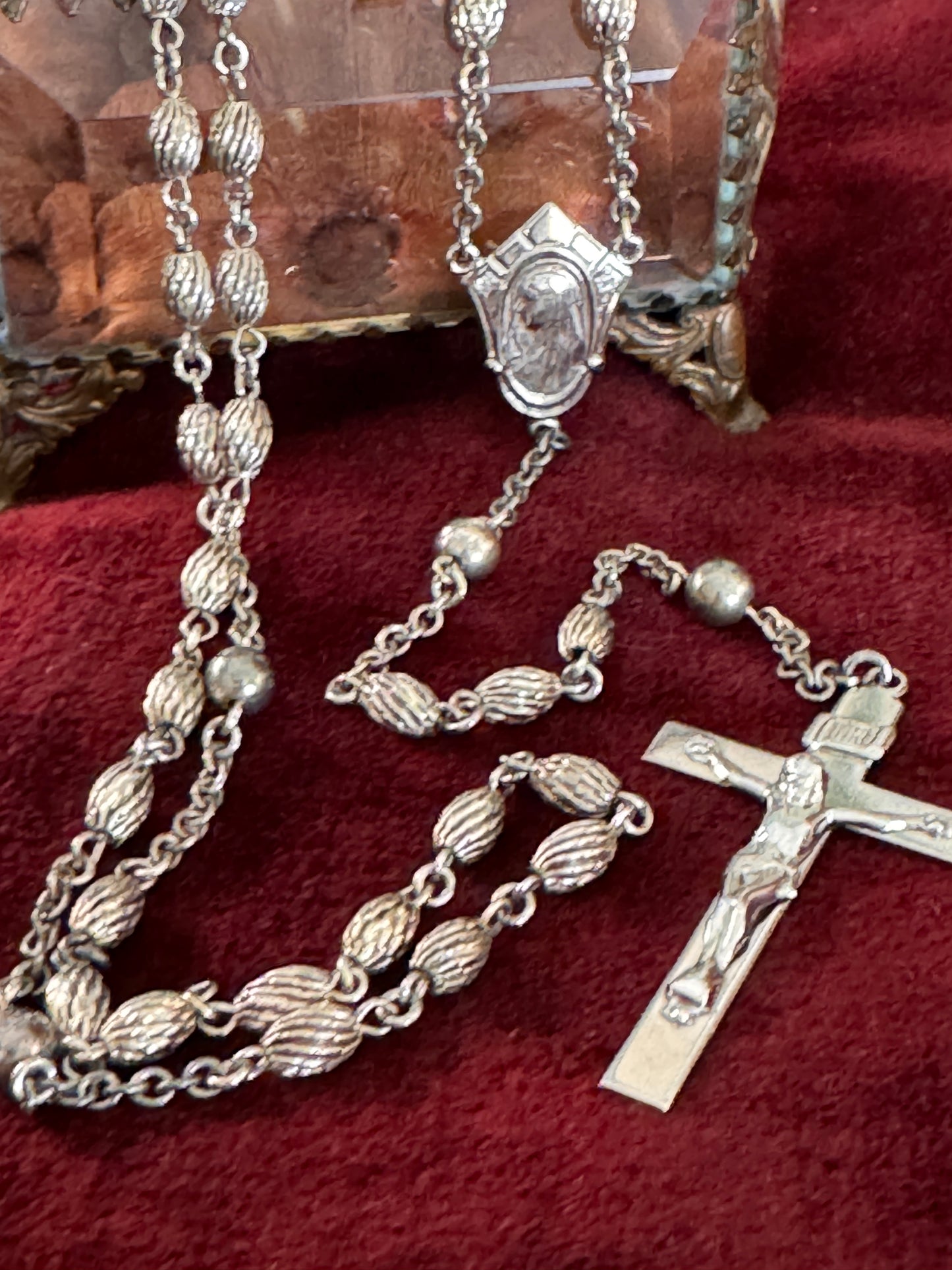 Vintage Sterling Silver Shield Shaped Mary Rosary Oval Grooved Sterling Beads
