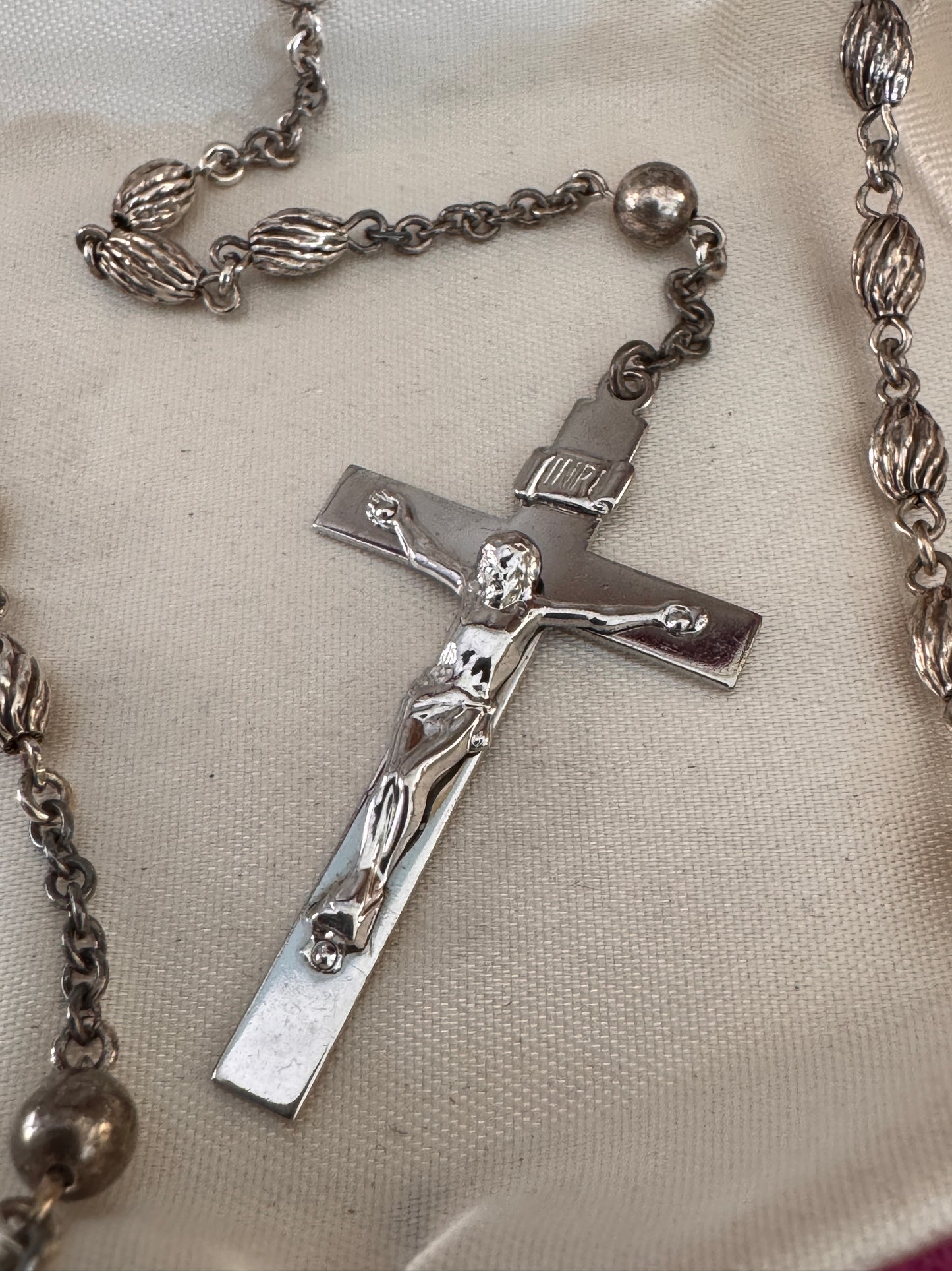 Vintage Sterling Silver Shield Shaped Mary Rosary Oval Grooved Sterling Beads