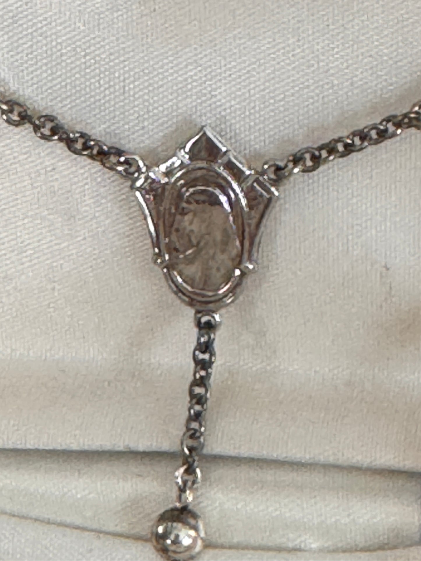 Vintage Sterling Silver Shield Shaped Mary Rosary Oval Grooved Sterling Beads
