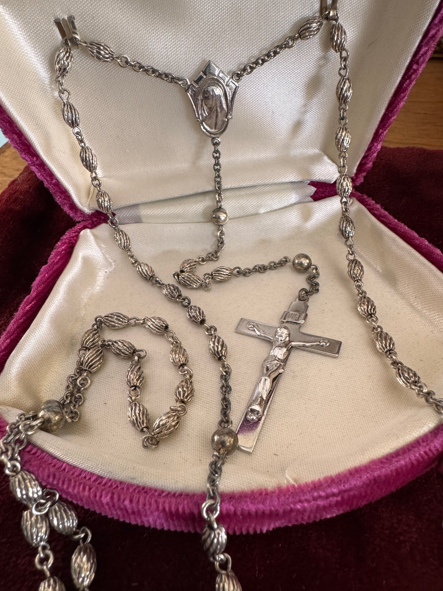 Vintage Sterling Silver Shield Shaped Mary Rosary Oval Grooved Sterling Beads