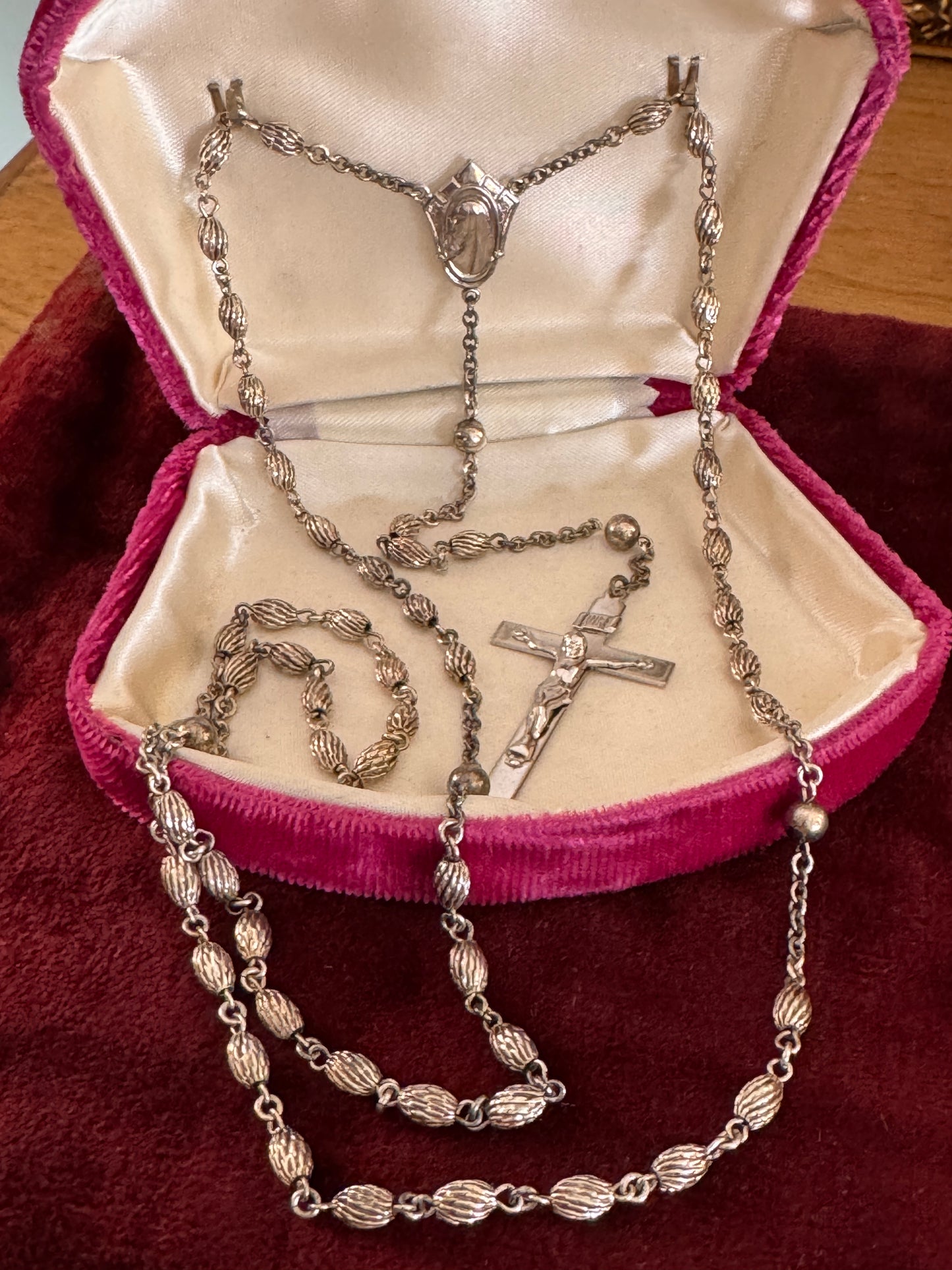 Vintage Sterling Silver Shield Shaped Mary Rosary Oval Grooved Sterling Beads