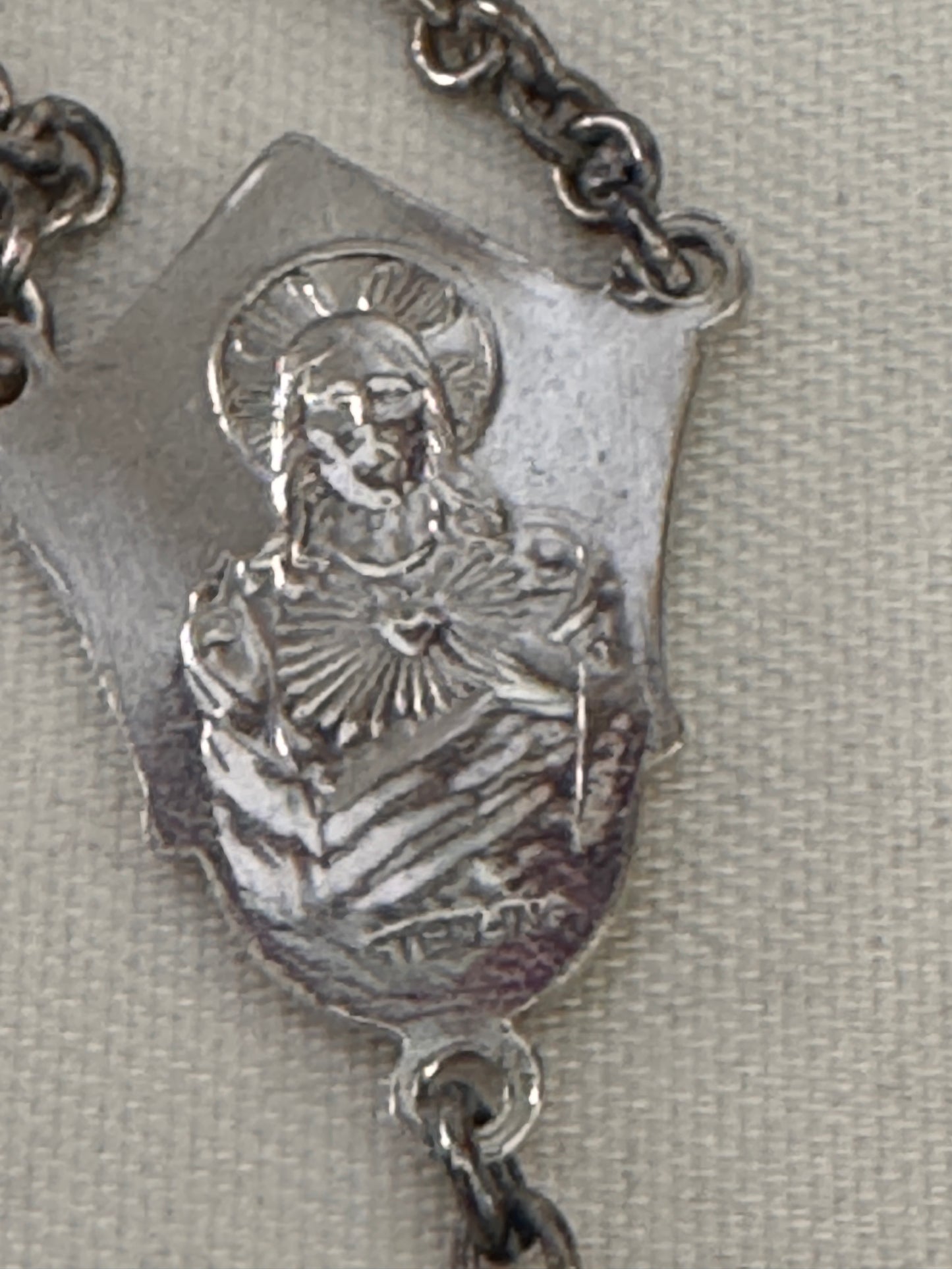 Vintage Sterling Silver Shield Shaped Mary Rosary Oval Grooved Sterling Beads
