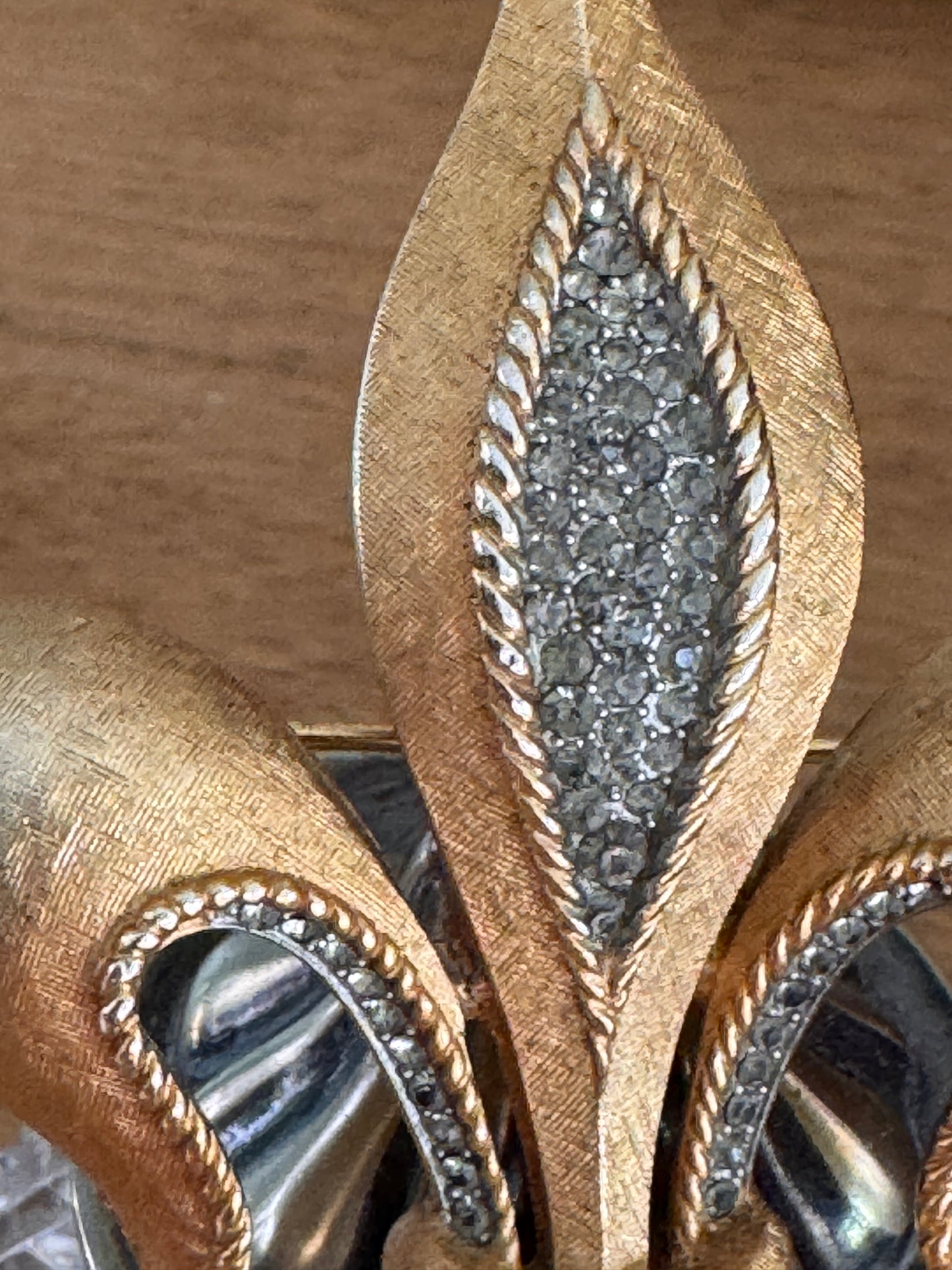 Trifari Fleur de Lis Brooch | Smoke Rhinestone Gold Tone Vintage Pin