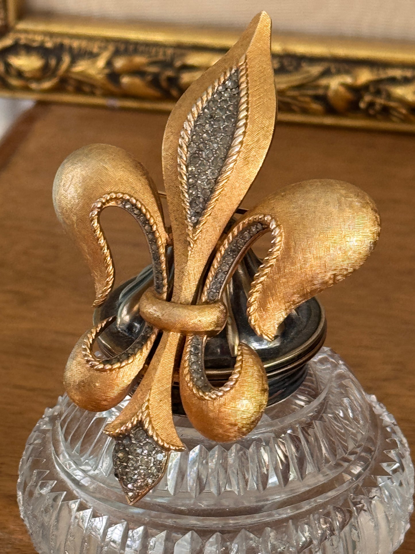 Trifari Fleur de Lis Brooch | Smoke Rhinestone Gold Tone Vintage Pin