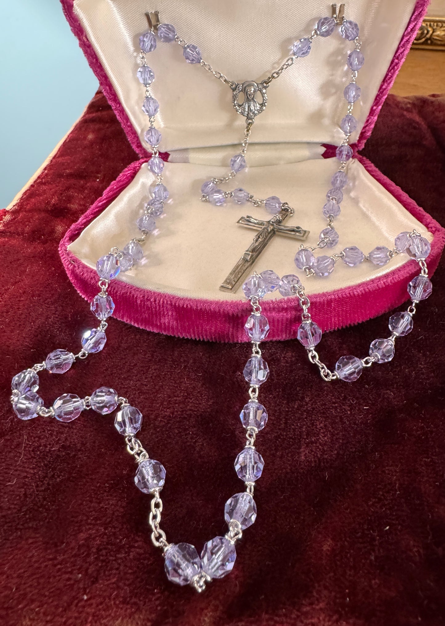 Vintage Italian Periwinkle Blue Glass Bead Rosary