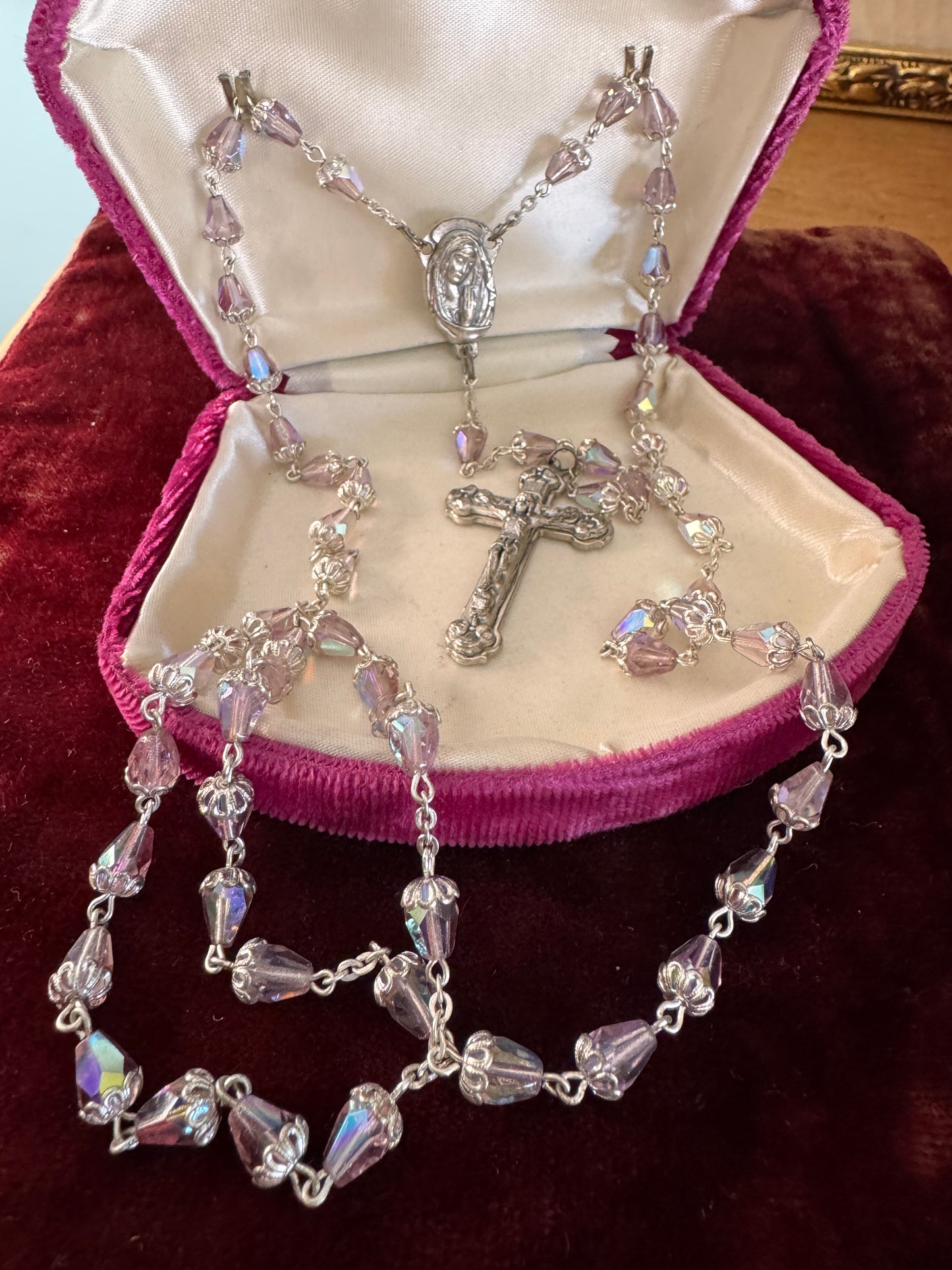 Vintage Italian Pink Teardrop Glass Bead and Filigree Rosary
