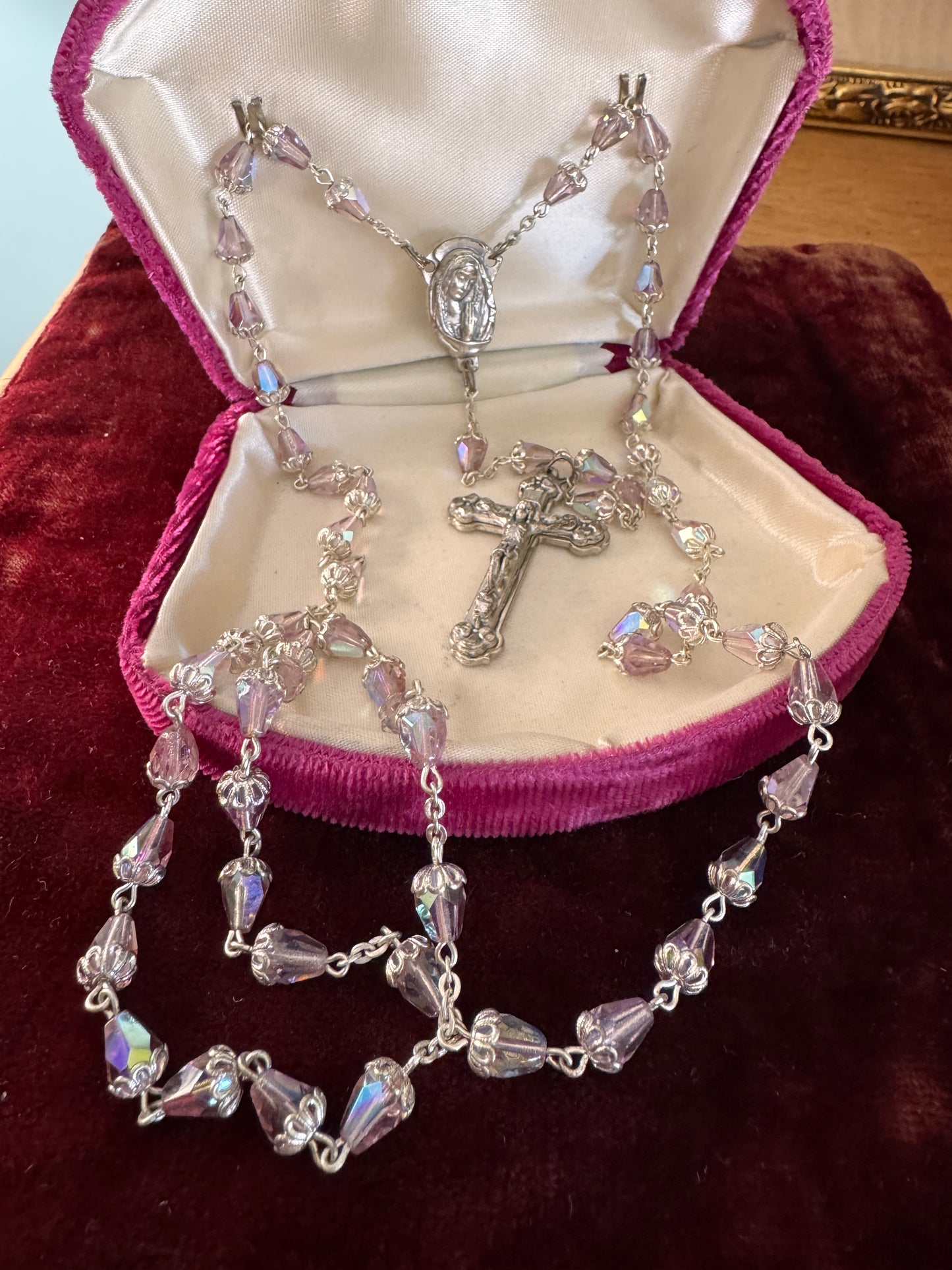 Vintage Italian Pink Teardrop Glass Bead and Filigree Rosary