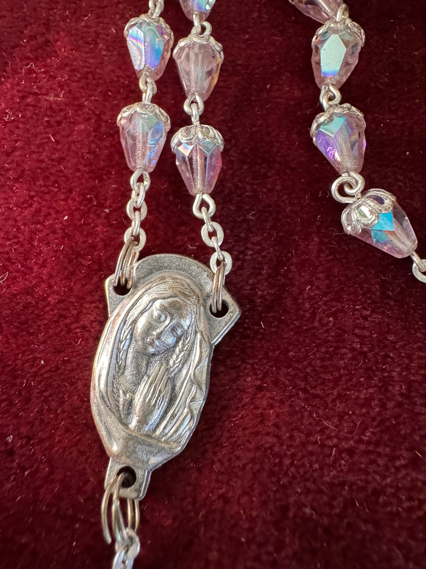 Vintage Italian Pink Teardrop Glass Bead and Filigree Rosary