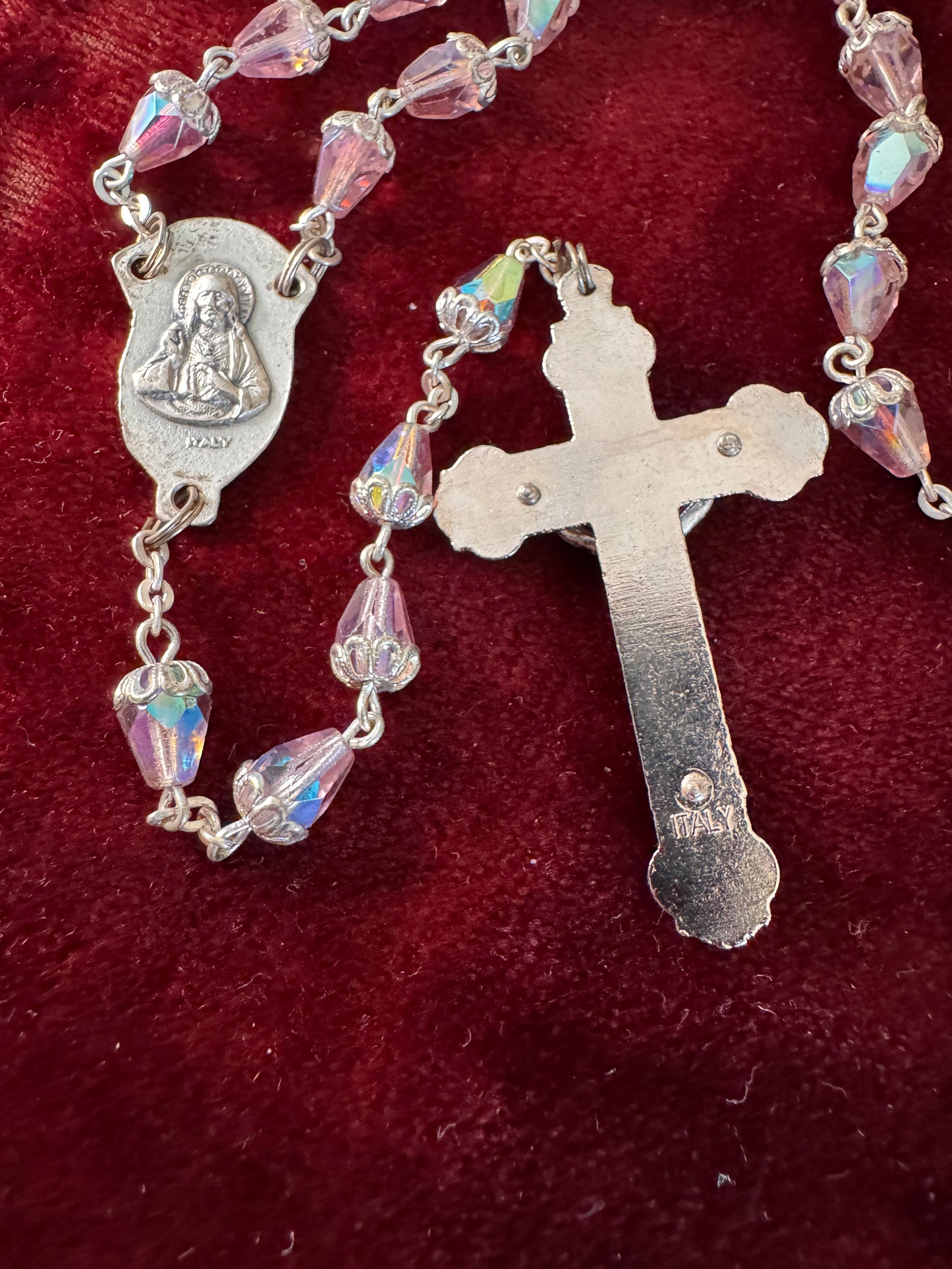 Vintage Italian Pink Teardrop Glass Bead and Filigree Rosary