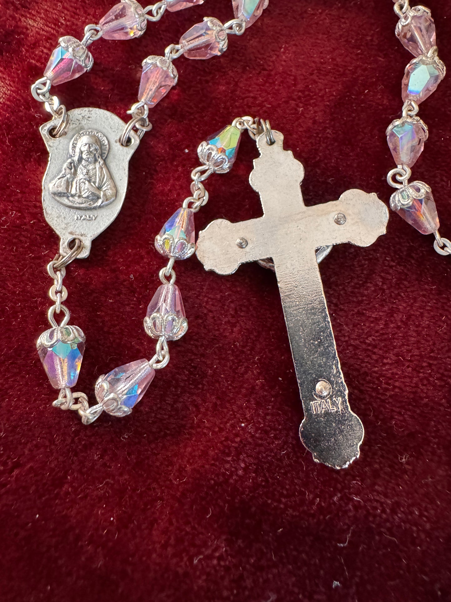 Vintage Italian Pink Teardrop Glass Bead and Filigree Rosary
