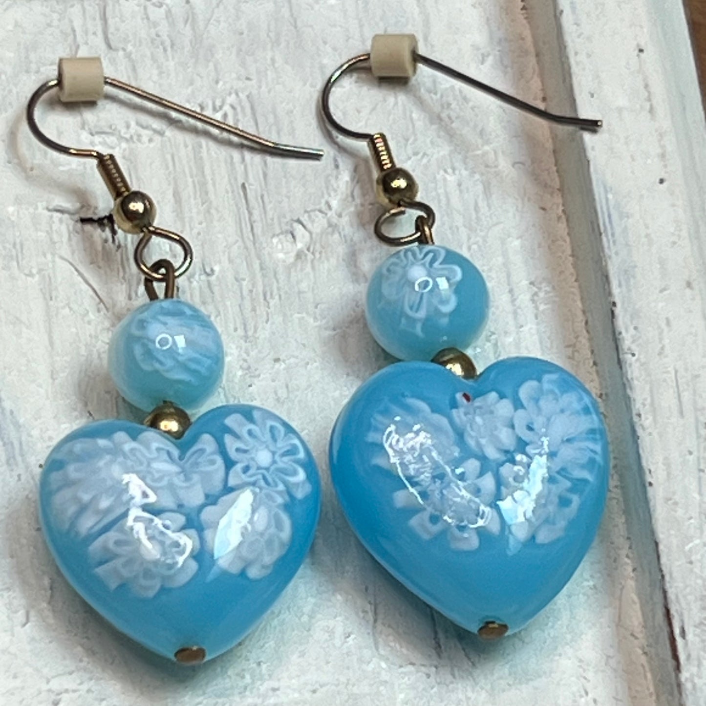 Vintage Soft Blue & Soft White Glass Heart Shaped Bead Earrings