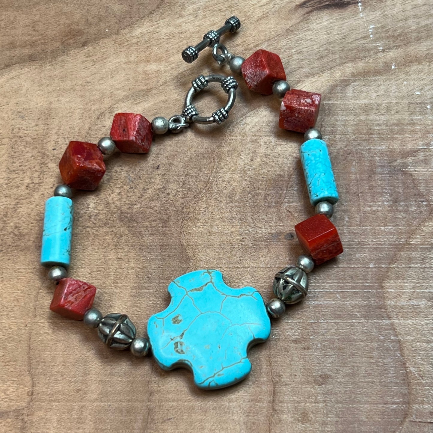 Vintage Turquoise Semi Precious Gemstone Cross & Red Coral Silver Bead Bracelet