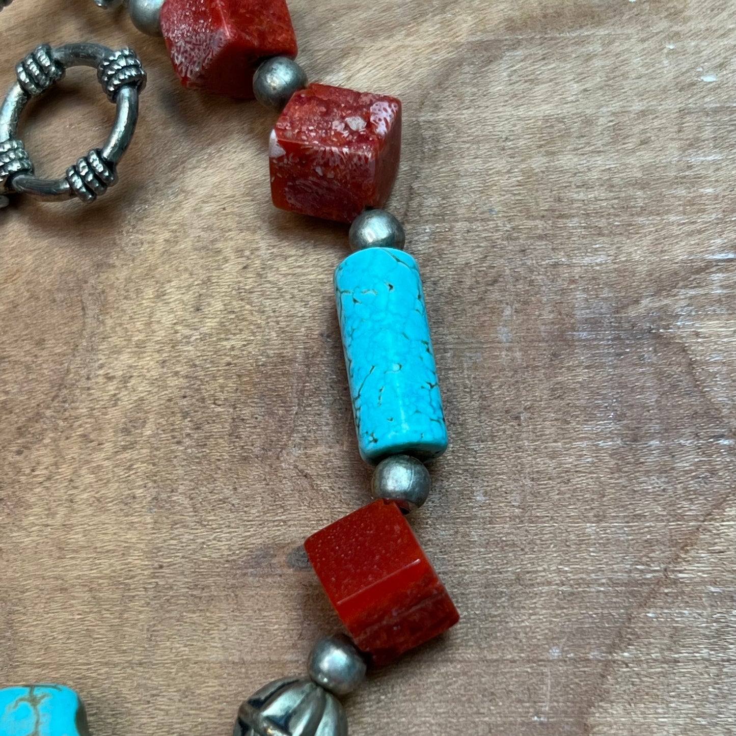 Vintage Turquoise Semi Precious Gemstone Cross & Red Coral Silver Bead Bracelet