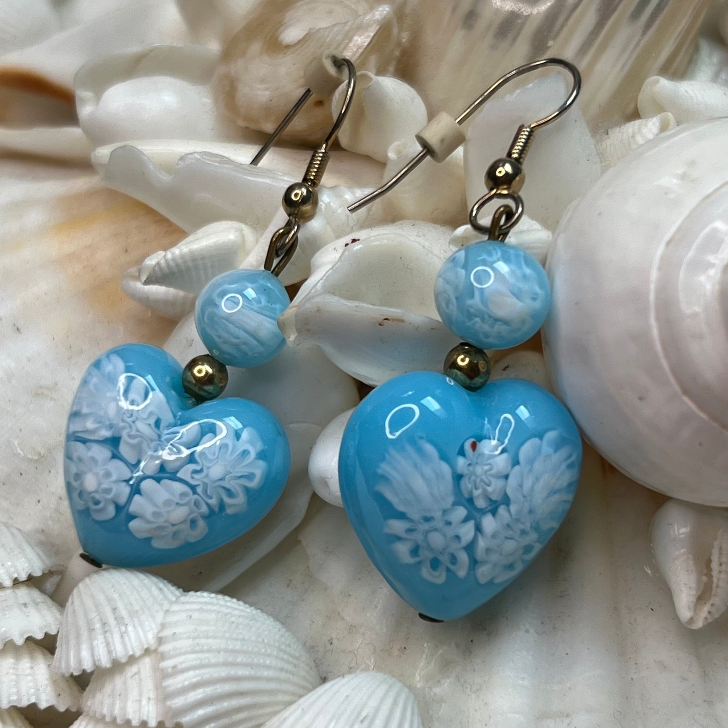 Vintage Soft Blue & Soft White Glass Heart Shaped Bead Earrings