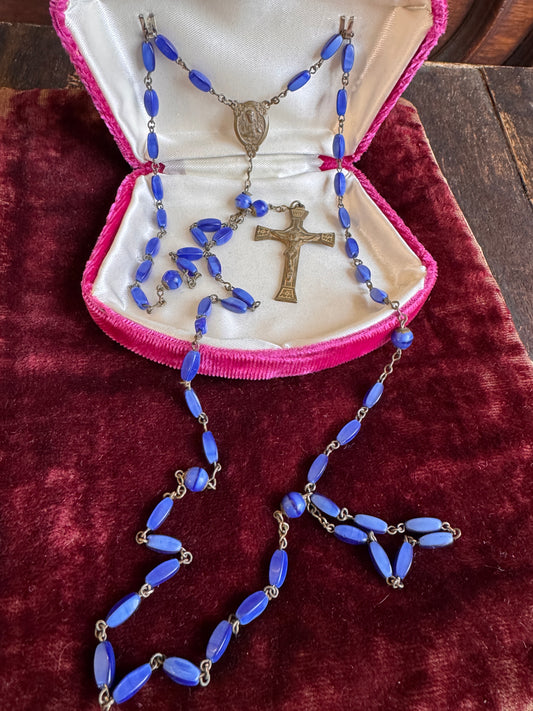 Art Nouveau Czech Blue Art Glass Bead Sacred Heart Jesus Rosary