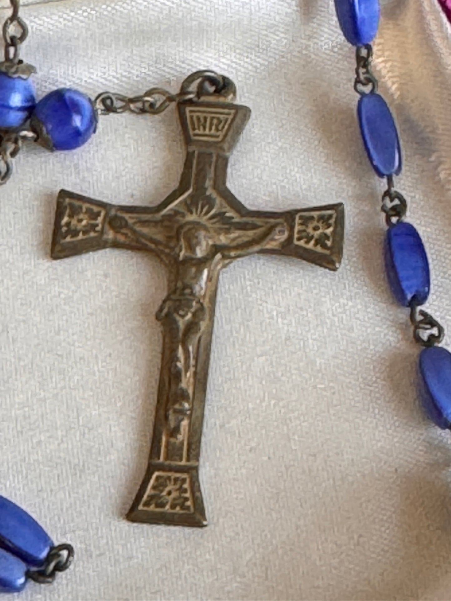 Art Nouveau Czech Blue Art Glass Bead Sacred Heart Jesus Rosary