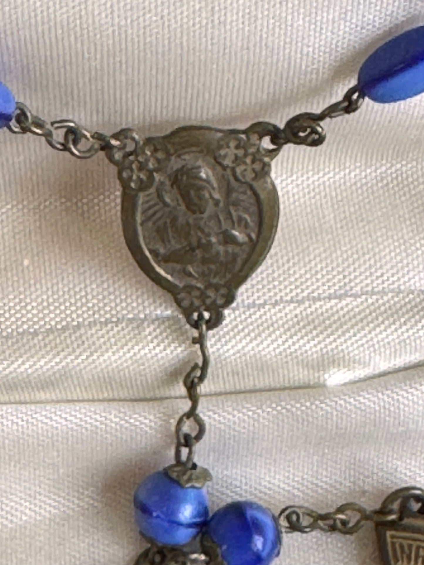 Art Nouveau Czech Blue Art Glass Bead Sacred Heart Jesus Rosary