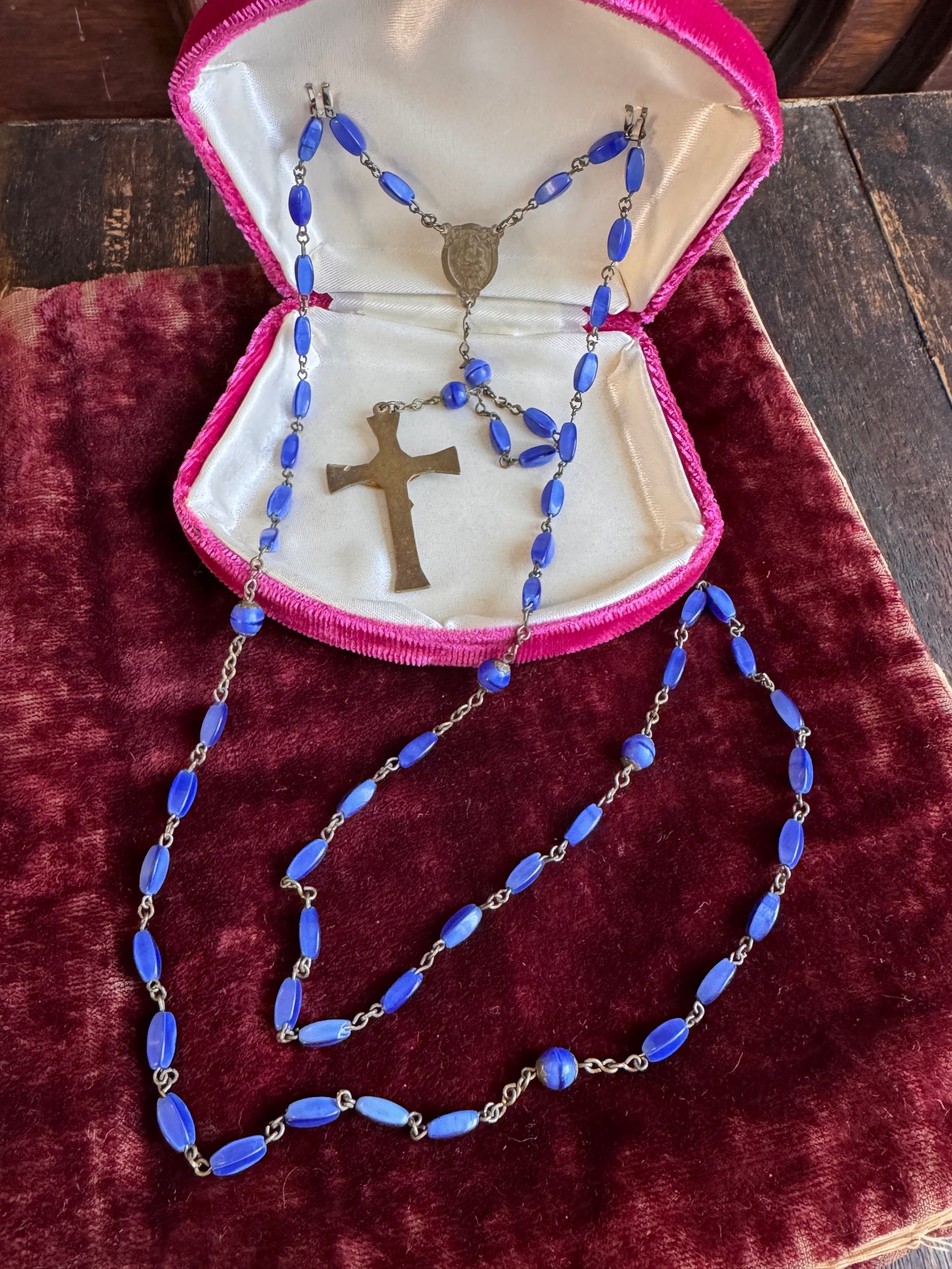 Art Nouveau Czech Blue Art Glass Bead Sacred Heart Jesus Rosary