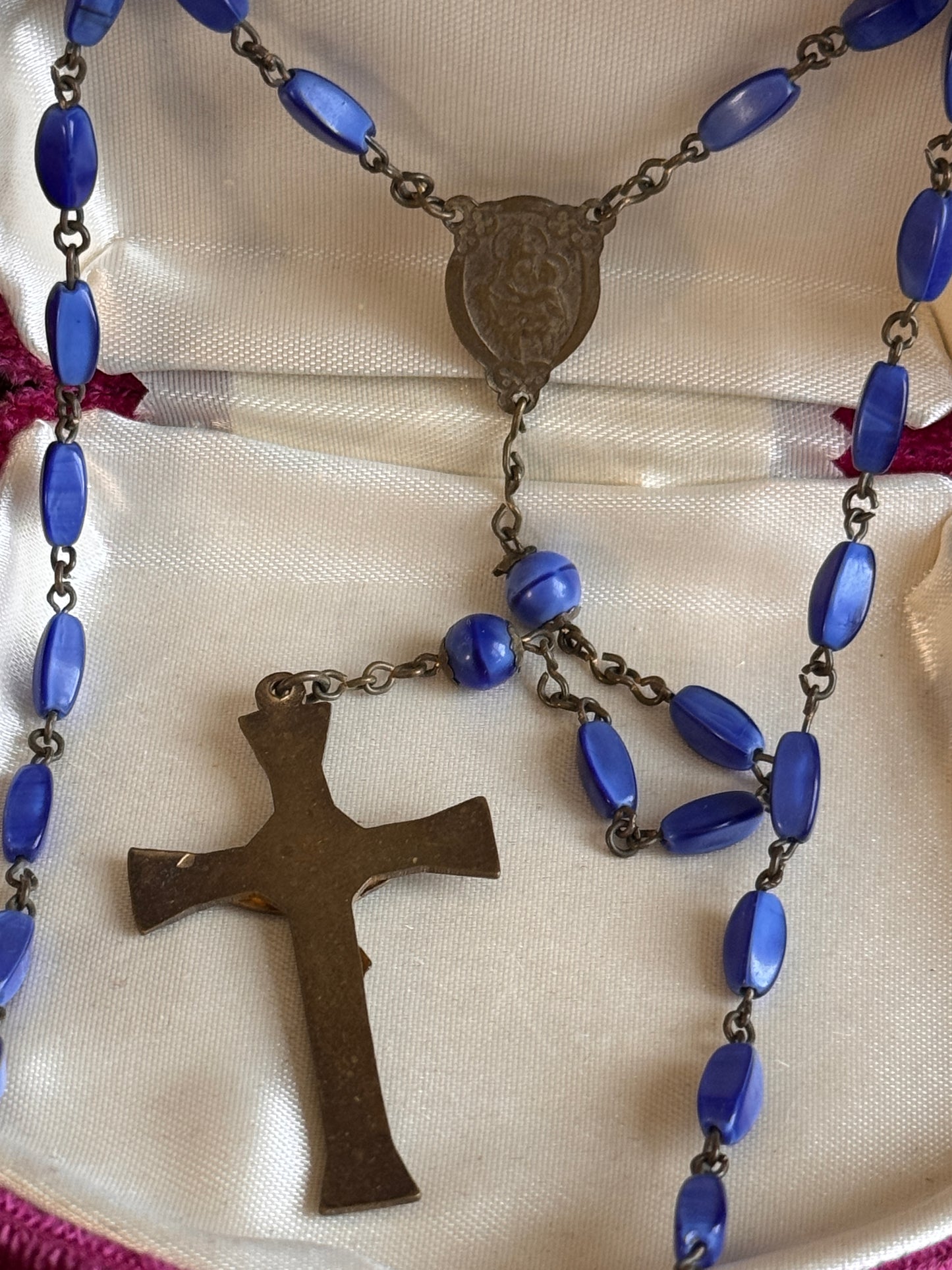 Art Nouveau Czech Blue Art Glass Bead Sacred Heart Jesus Rosary