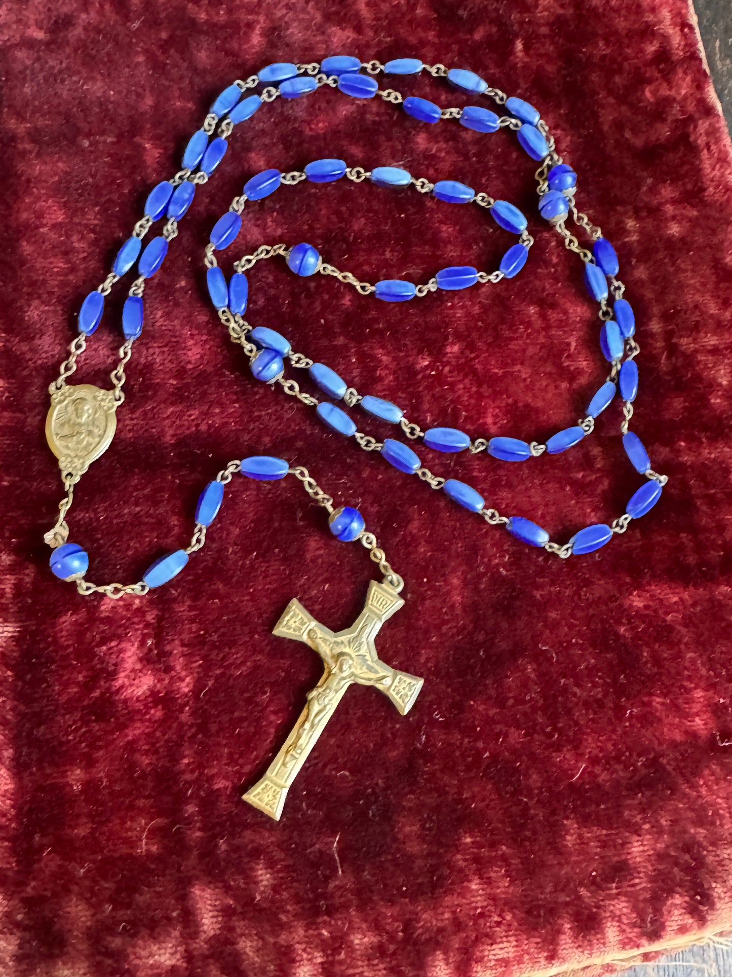 Art Nouveau Czech Blue Art Glass Bead Sacred Heart Jesus Rosary