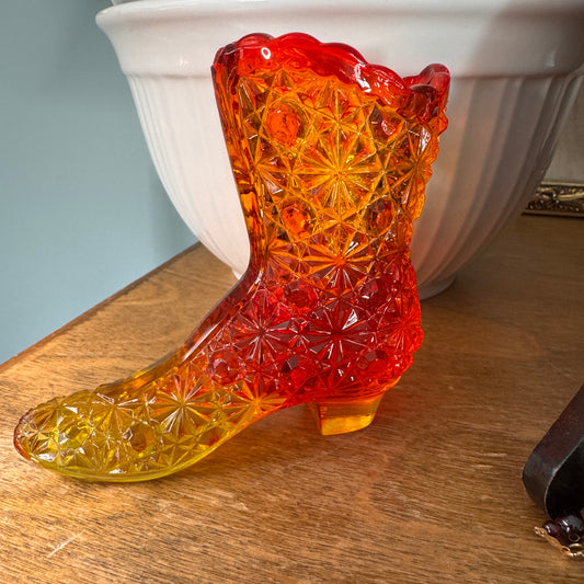 Vintage Fenton Daisy & Button Amberina Glass Victorian Heeled Shoe