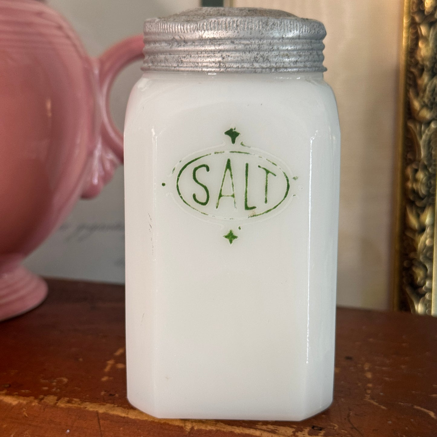 Hazel Atlas Chef Boyardee White Milk Glass Salt Shaker Green Shield