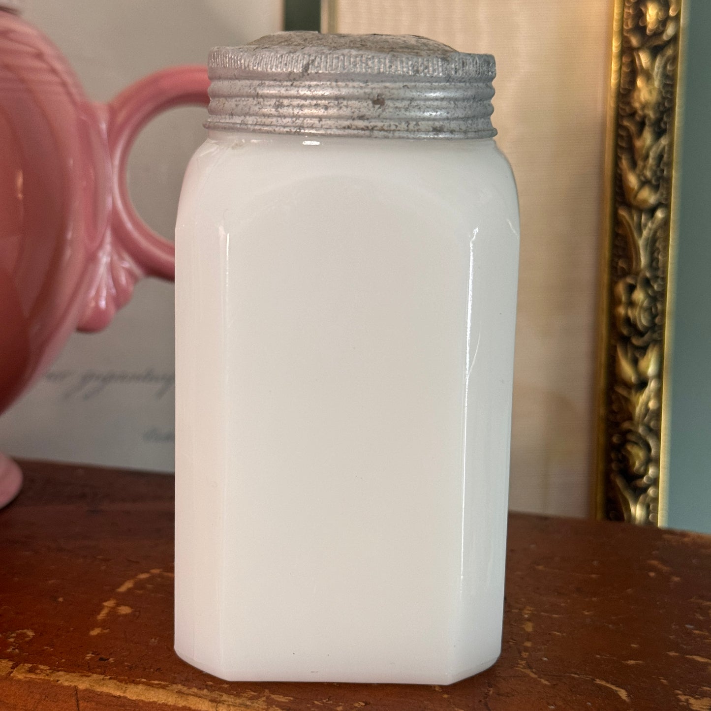 Hazel Atlas Chef Boyardee White Milk Glass Salt Shaker Green Shield