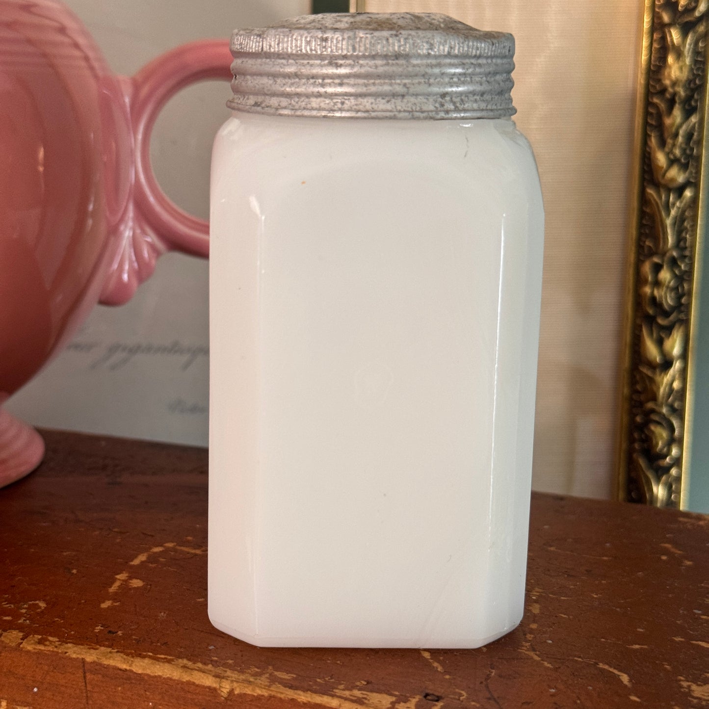 Hazel Atlas Chef Boyardee White Milk Glass Salt Shaker Green Shield