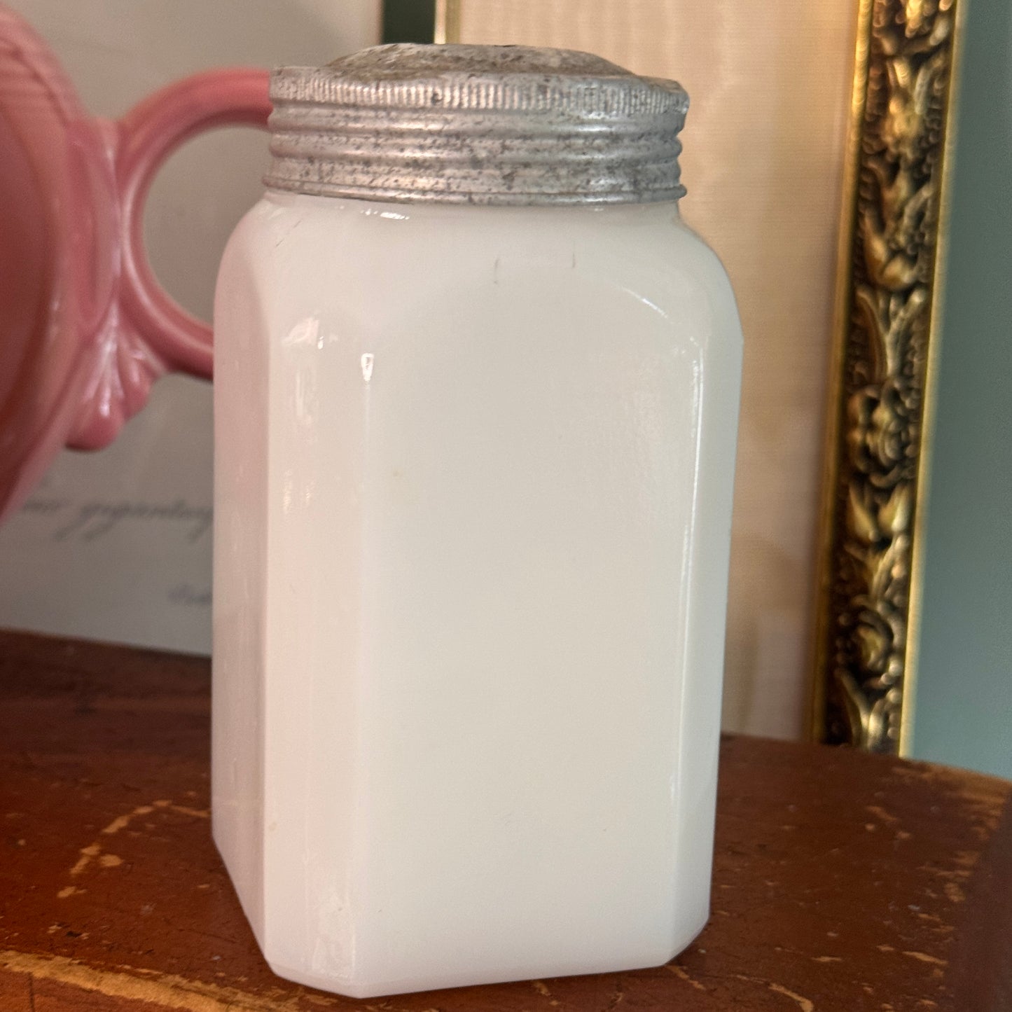 Hazel Atlas Chef Boyardee White Milk Glass Salt Shaker Green Shield