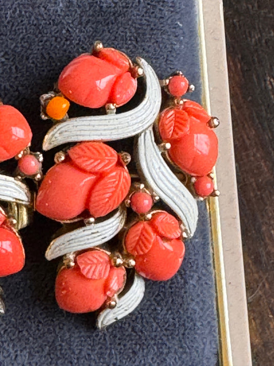 Vintage Trifari Fruit Salad Clip Earrings | Salmon Hued Paste Stones