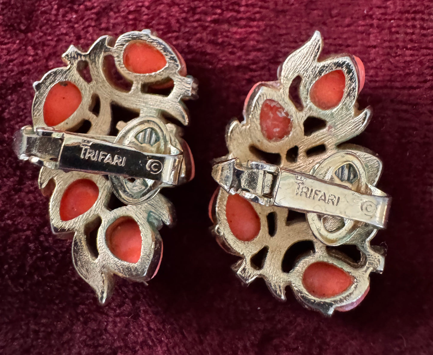 Vintage Trifari Fruit Salad Clip Earrings | Salmon Hued Paste Stones