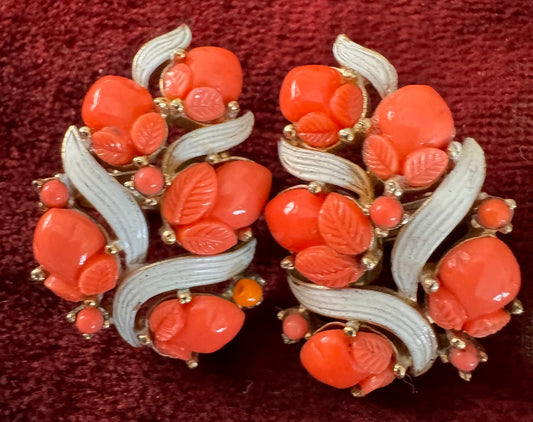 Vintage Trifari Fruit Salad Clip Earrings | Salmon Hued Paste Stones