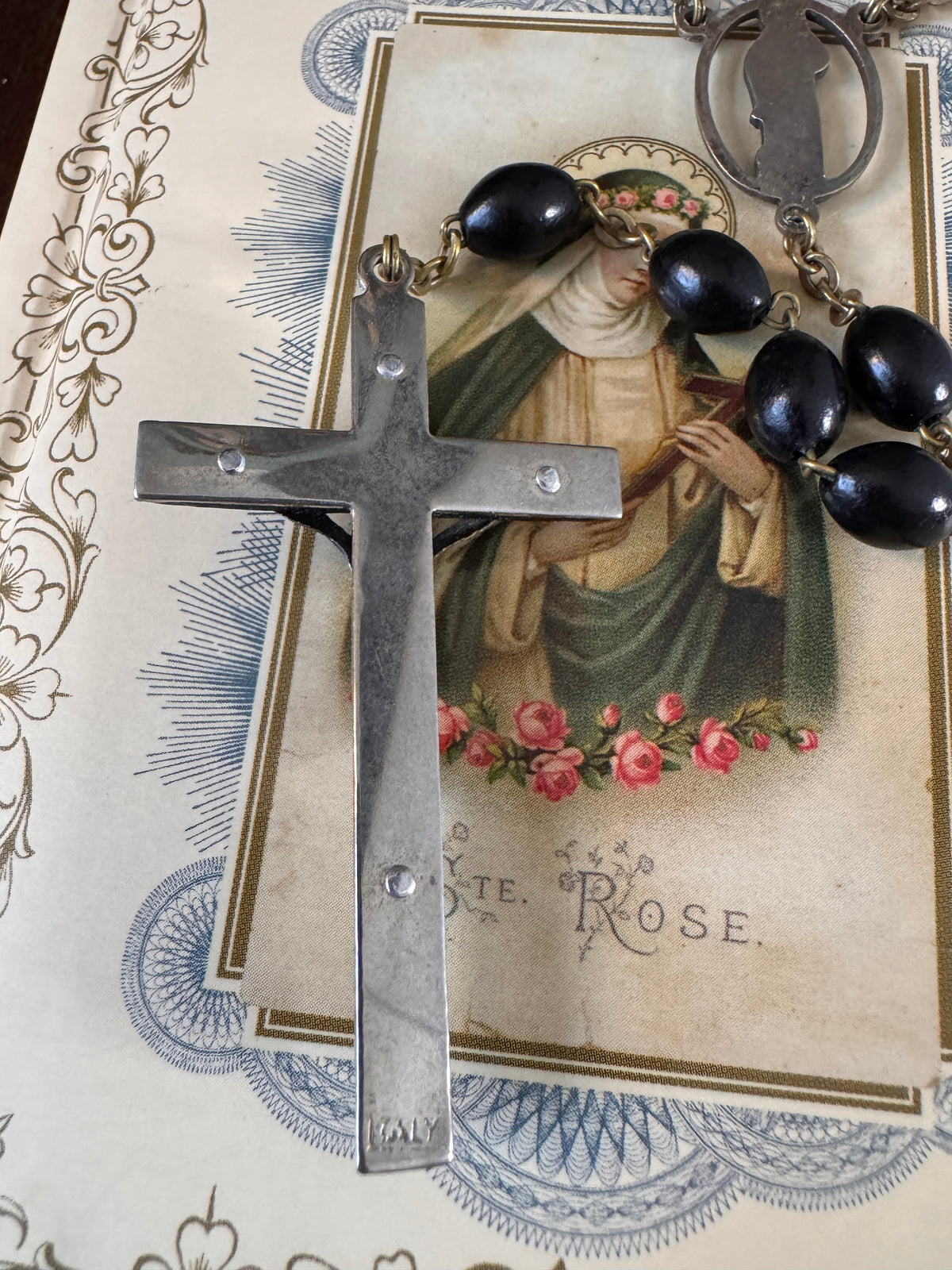 Vintage Italian Ebony Wood Mary Preying Rosary