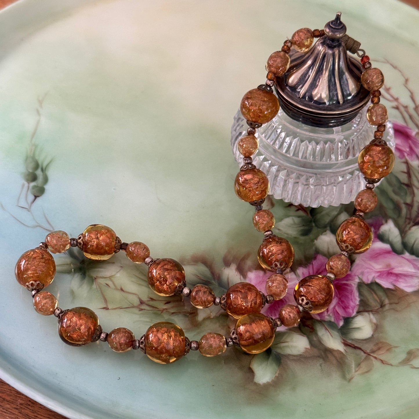 Vintage Italian Venetian Gold Sommerso Glass Bead Necklace