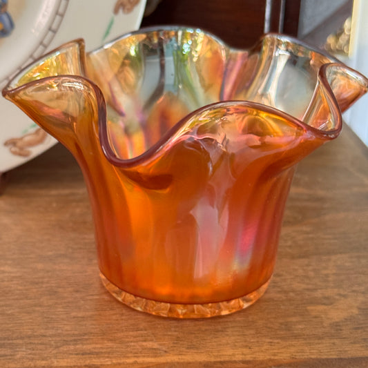 Marigold Carnival Glass Ruffled Edge Hat Vase