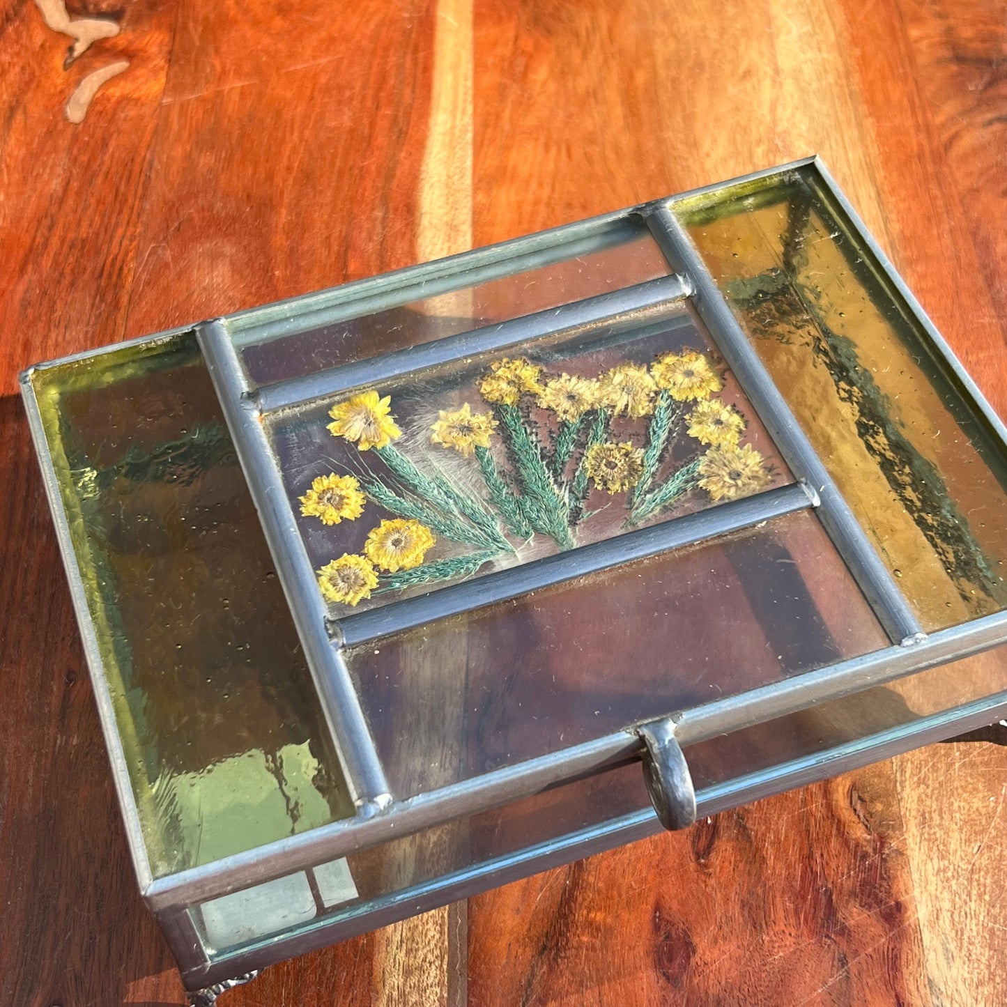Vintage Burnes of Boston Stained Glass and Dried Flower Trinket Box