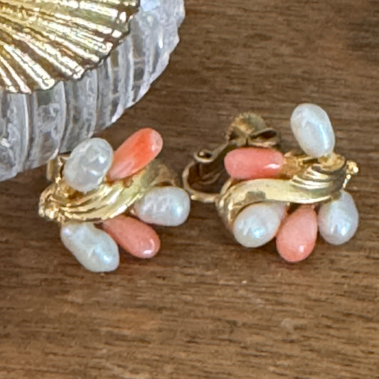Vintage 60's Pink Angel Skin Coral and Cultured Pearl Earrings