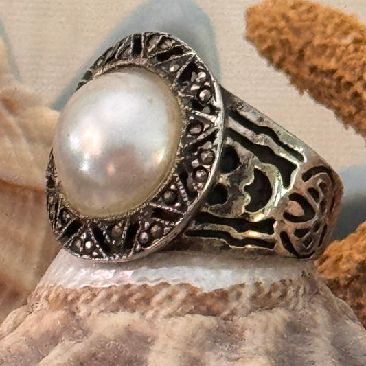 Vintage Sterling Silver Marcasite Faux Pearl RIng Size 7