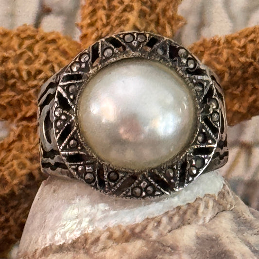 Vintage Sterling Silver Marcasite Faux Pearl RIng Size 7