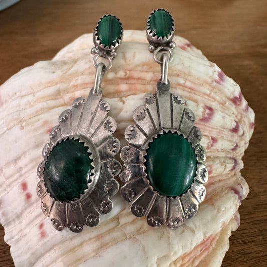 Vintage Navajo Native American Malachite Sterling Silver Earrings